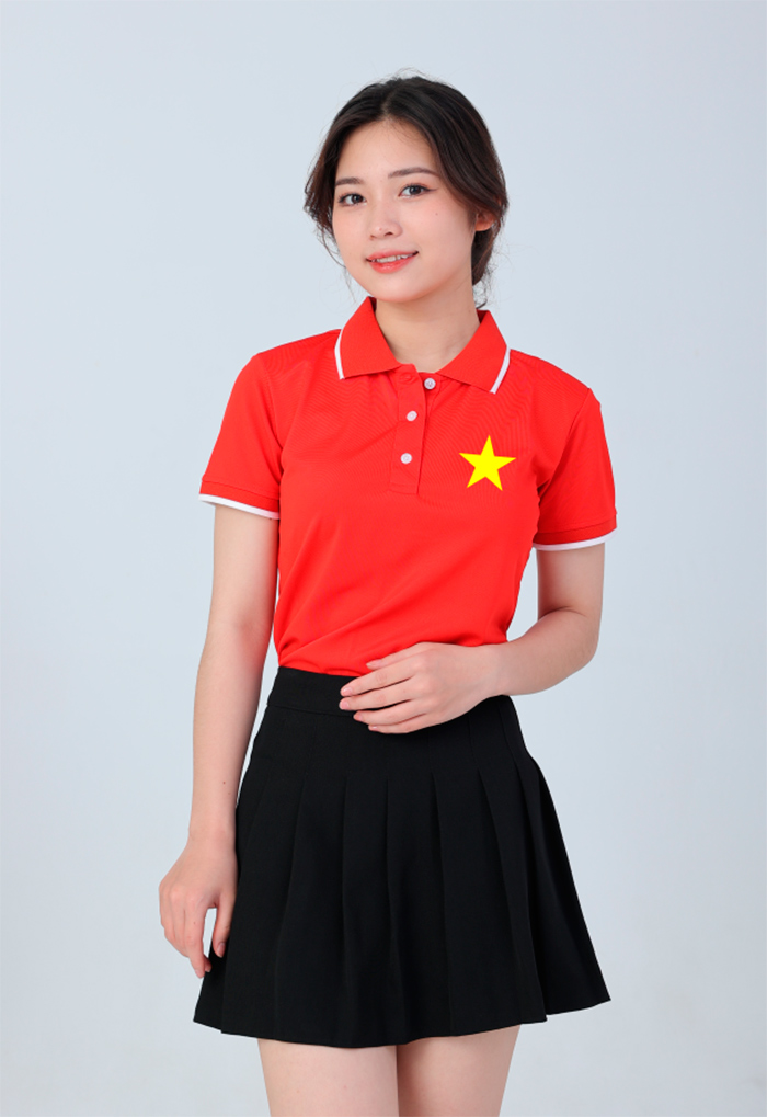 May áo phông màu đỏ in hình sao vàng | May ao phong dong phuc